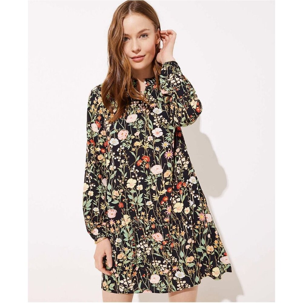 Loft Floral Print Ruffle‎ Split Neck Shift Dress Size M All-Season Pretty Garden